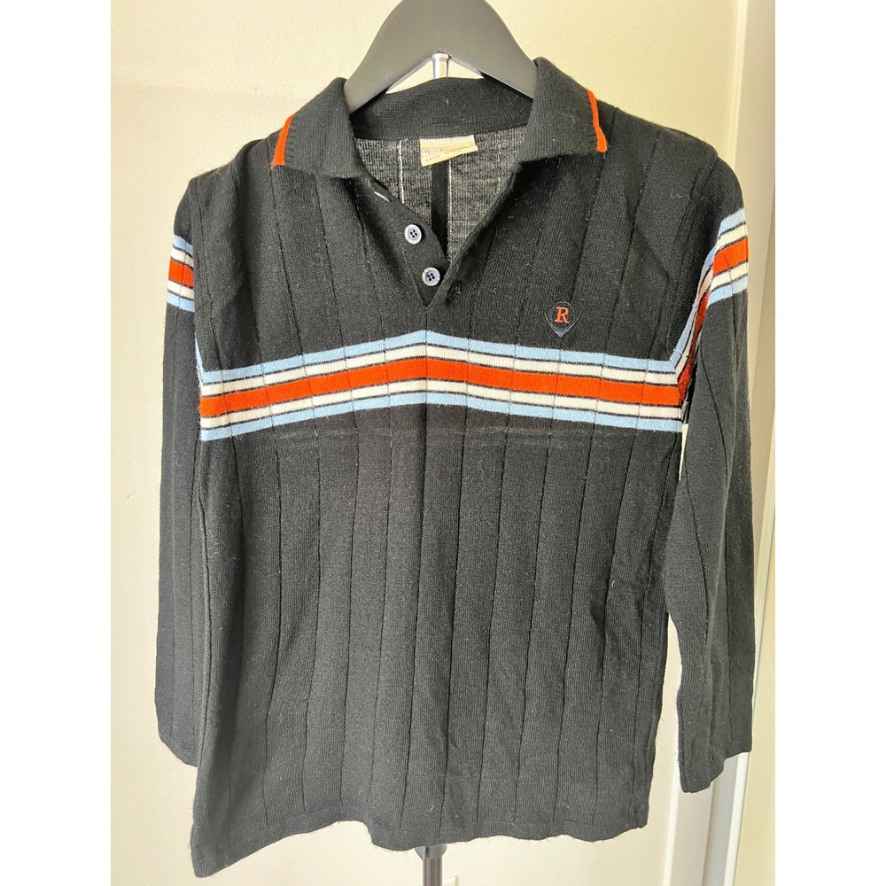 Vintage Rotem Kids Boys Black Striped Knit Polo Shirt Long Sleeve Size 12